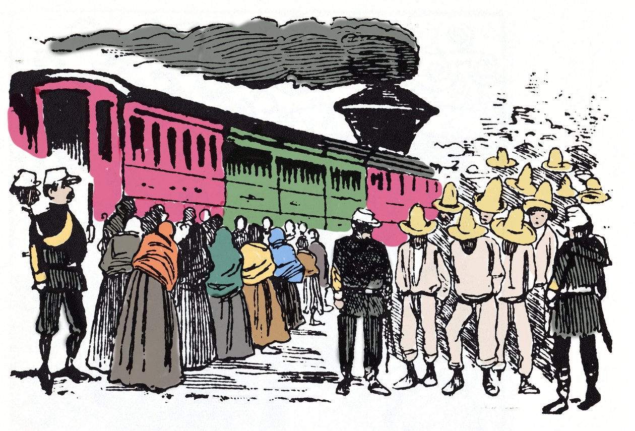 الثورة المكسيكية (1910-1920): ترحيل العمال في فالي ناسيونال ، حوالي 1908 - التصوير بالأكسيلوغرافيا بواسطة خوسيه غوادالوبي بوسادا (1852-1913) بواسطة خوسيه غوادالوبي بوسادا