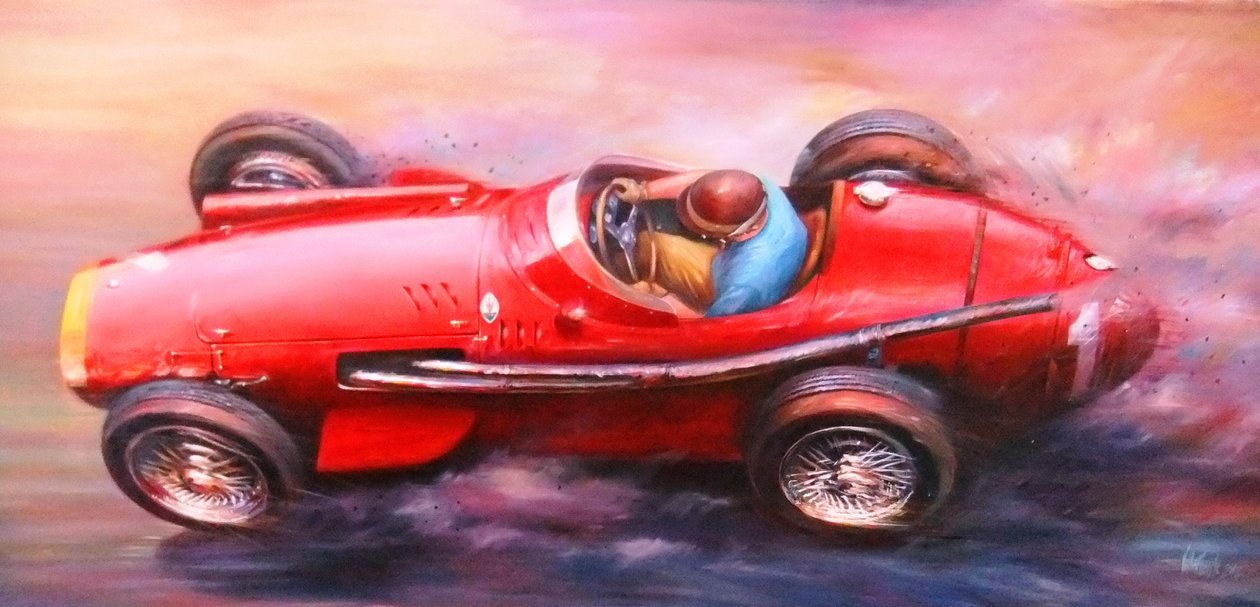 خوان مانويل فانجيو ، ميل ميجليا 1953 ، ألفا روميو 6C3.000cc (قمة حمراء) (أكريليك على قماش) بواسطة خوسيه ماريا فيلافويرت