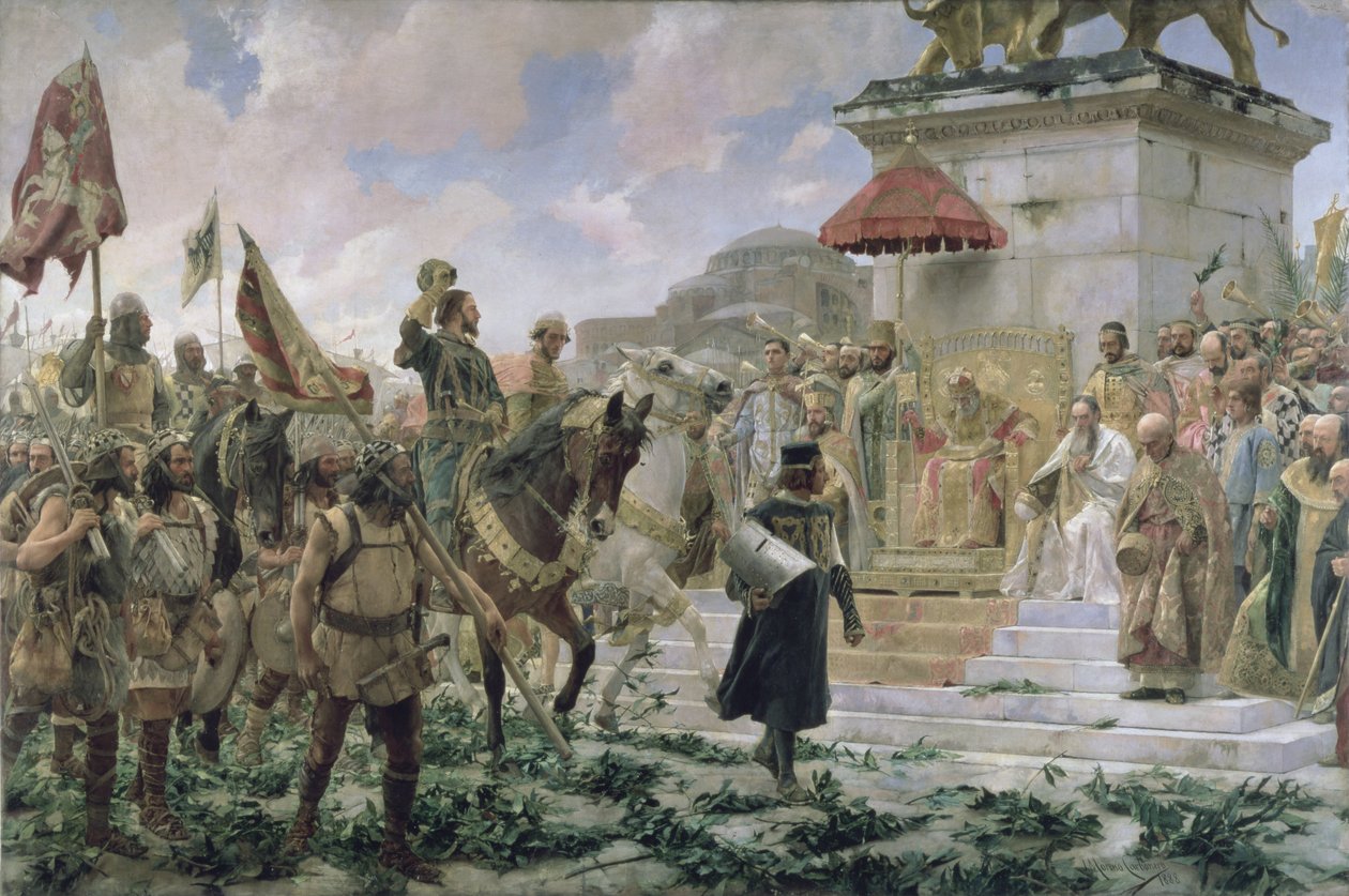 وصول روجر دي فلور (1280-1307) إلى القسطنطينية عام 1303 مع 8000 `` الموغافاريس &39;&39; يخدم الإمبراطور البيزنطي في معركة ضد الأتراك ، 1888 بواسطة خوسيه مورينو كاربونيرو