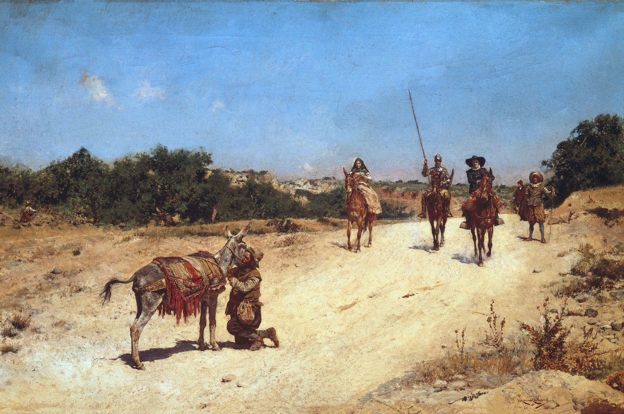 لقاء سانشو بانزا وحماره روسيو ، رسم توضيحي لدون كيشوت ، حوالي 1878 (زيت على قماش) بواسطة خوسيه مورينو كاربونيرو