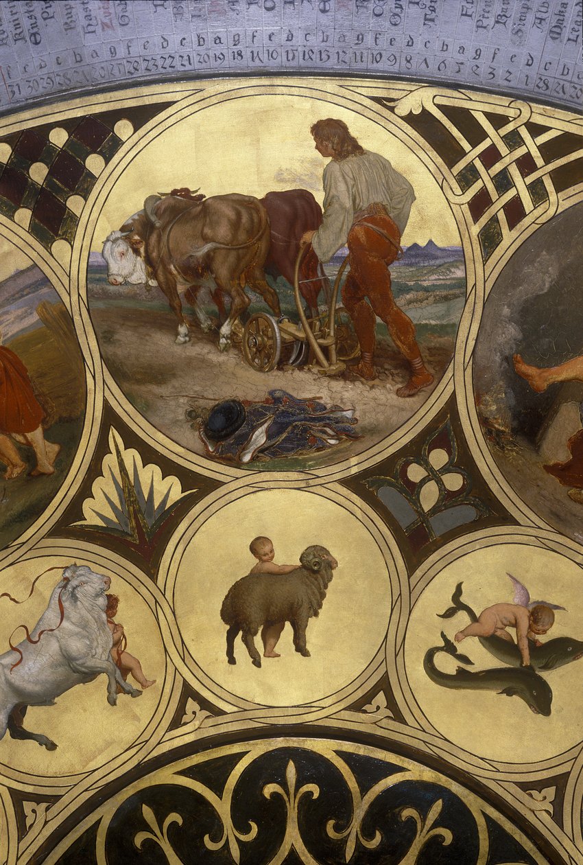 لوحة التقويم على مدار الساعة الفلكية في براغ - مارس ، 1865-1866 (زيت على صفيحة نحاسية) بواسطة جوزيف مان