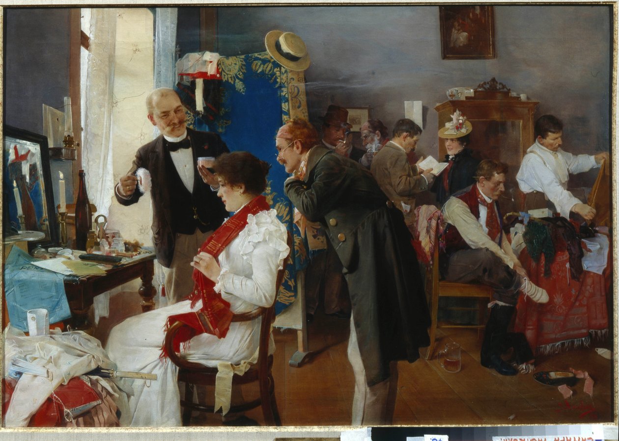 "Dans la loge" (في غرفة الملابس) فنانون يستعدون للعرض لوحة لجوزيف دوبا (1866-1928) أواخر القرن التاسع عشر ألوان زيتية على قماش - مجموعة خاصة بواسطة جوزيف دوبا