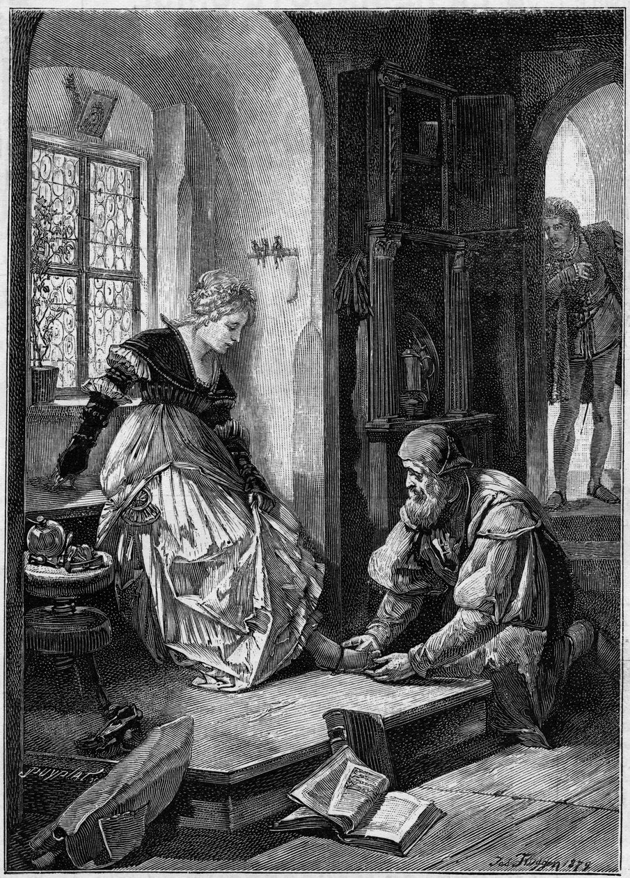 إيفا في ورشة عمل هانز ساكس (الفصل الثالث من أوبرا "Die Meistersinger von Nurnberg" ، باللغة الفرنسية "The Master Singers of Nuremberg" بقلم ريتشارد فاغنر ، الذي كتب عام 1868) بناءً على لوحة جوزيف فلوجن. نقش في "العالم المصور" بواسطة جوزيف فلوجن