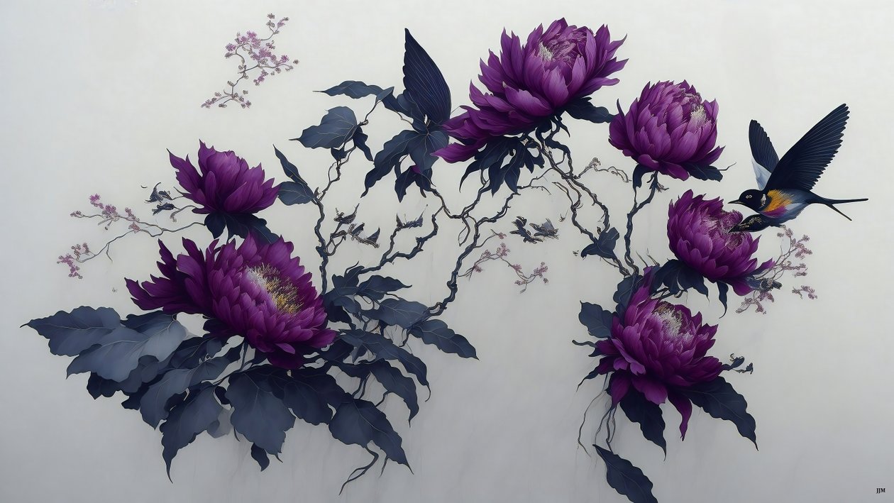 رسم بالحبر: PEONY باللون الأرجواني الغامق_02 بواسطة جوزيف جوهان مايكل