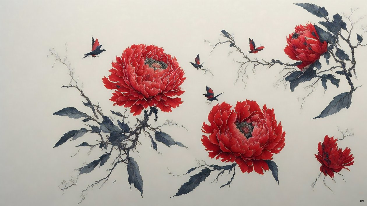 الرسم بالحبر: PEONY in red_01 بواسطة جوزيف جوهان مايكل