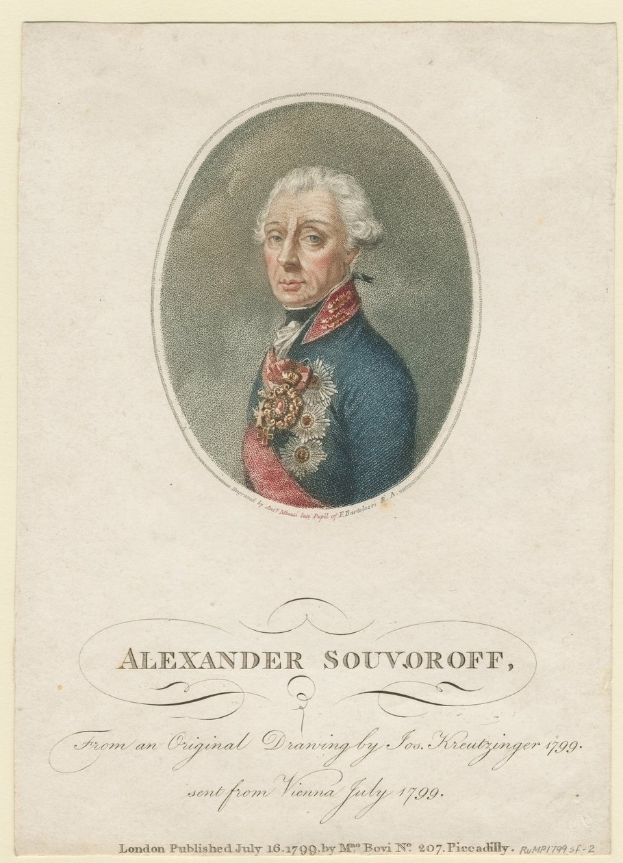 صورة للمارشال جنراليسيمو الأمير ألكسندر سوفوروف (ألكسندر سوفوروف) (1729-1800) - كروزينجر ، جوزيف (1757-1829) - 1799 - حفر ، ألوان مائية - 22.5 × 16 - مجموعة خاصة بواسطة جوزيف كروزينجر