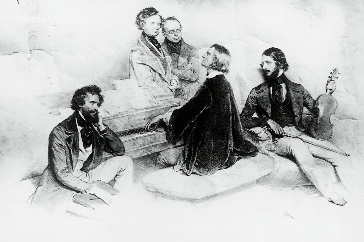 ماتيني في منزل ليزت ، من اليسار إلى اليمين ، كريهوبر ، الملحن هيكتور بيرليوز (1803-1869) ، كارل تشيرني (1791-1857) مدرس ليزت ، فرانز ليزت (1811-1866) وعازف الكمان هاينريش فيلهلم إرنست (1840-1865) ، ليثوجراف بقلم جوزيف كريهوبر (1800-1876) بواسطة جوزيف نيكولاوس كرييهوبر