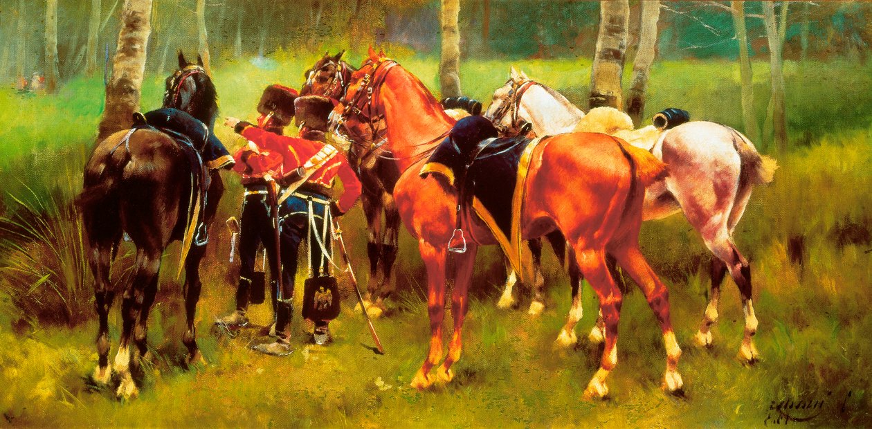 "" مجموعة من الخيول والخيول في الغابة "" لوحة رسمها جوزيب كوزاكس آي كوزاكس (1851-1908). 1905. بواسطة Josep Cusachs y Cusachs
