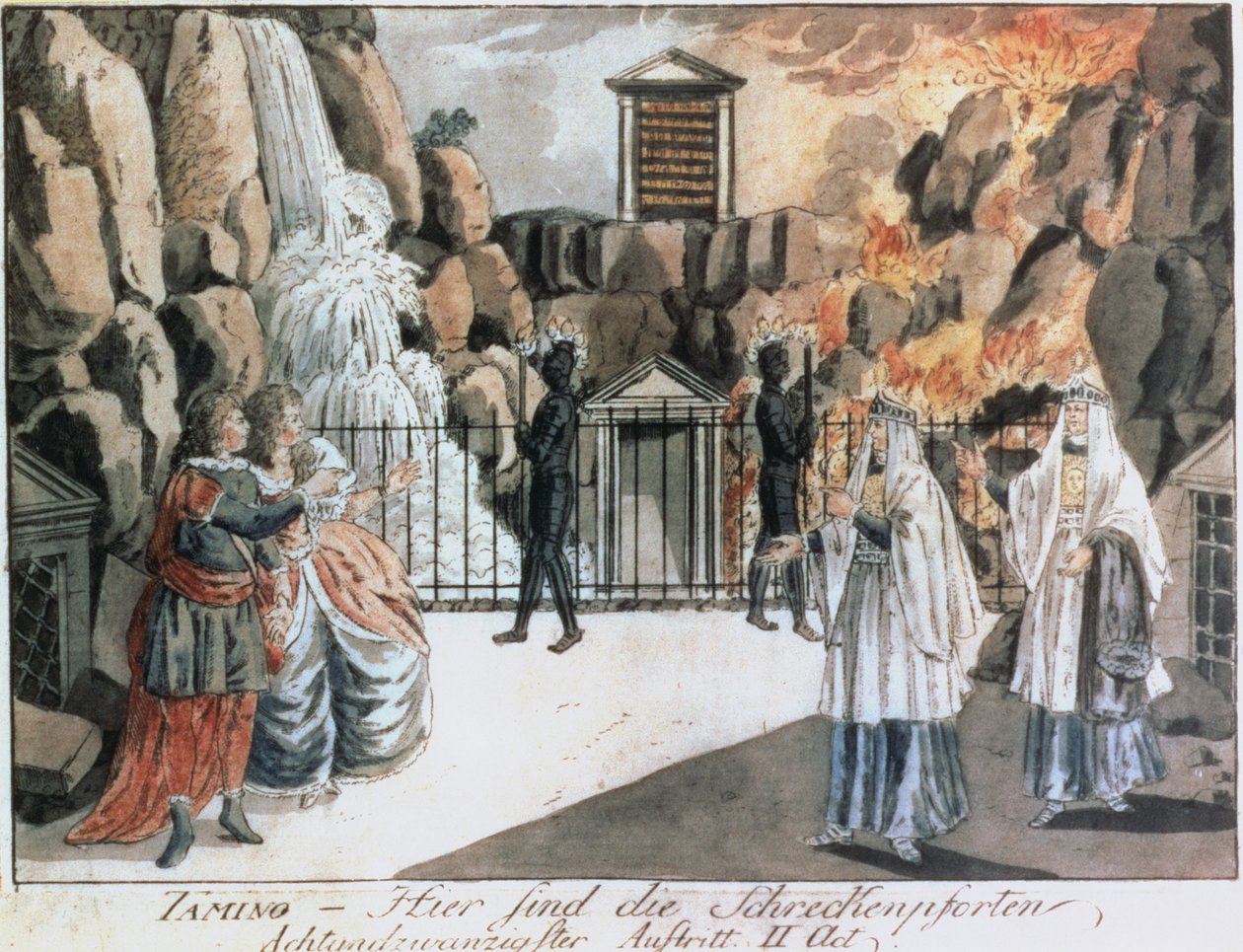 Tamino و Pamina قبل المعبد ، مشهد من "The Magic Flute" بواسطة Wolfgang Amadeus Mozart (1756-91) ، توضيح من "Allgemeines Europaisches Journal" ، نشر 1795 (نقش ملون) بواسطة جوزيف وبيتر شيفر