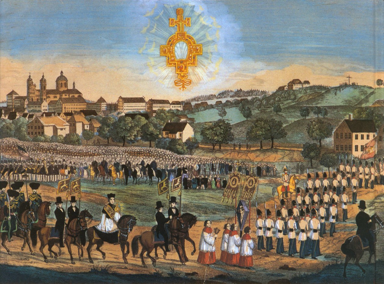 Altdorf-Weingarten ، Heilig-Blut-Procession في عام 1849 أو في السنوات التالية ؛ الطباعة الحجرية الملونة ، البديل مع بقايا الدم المقدس في السماء بواسطة جوزيف باير