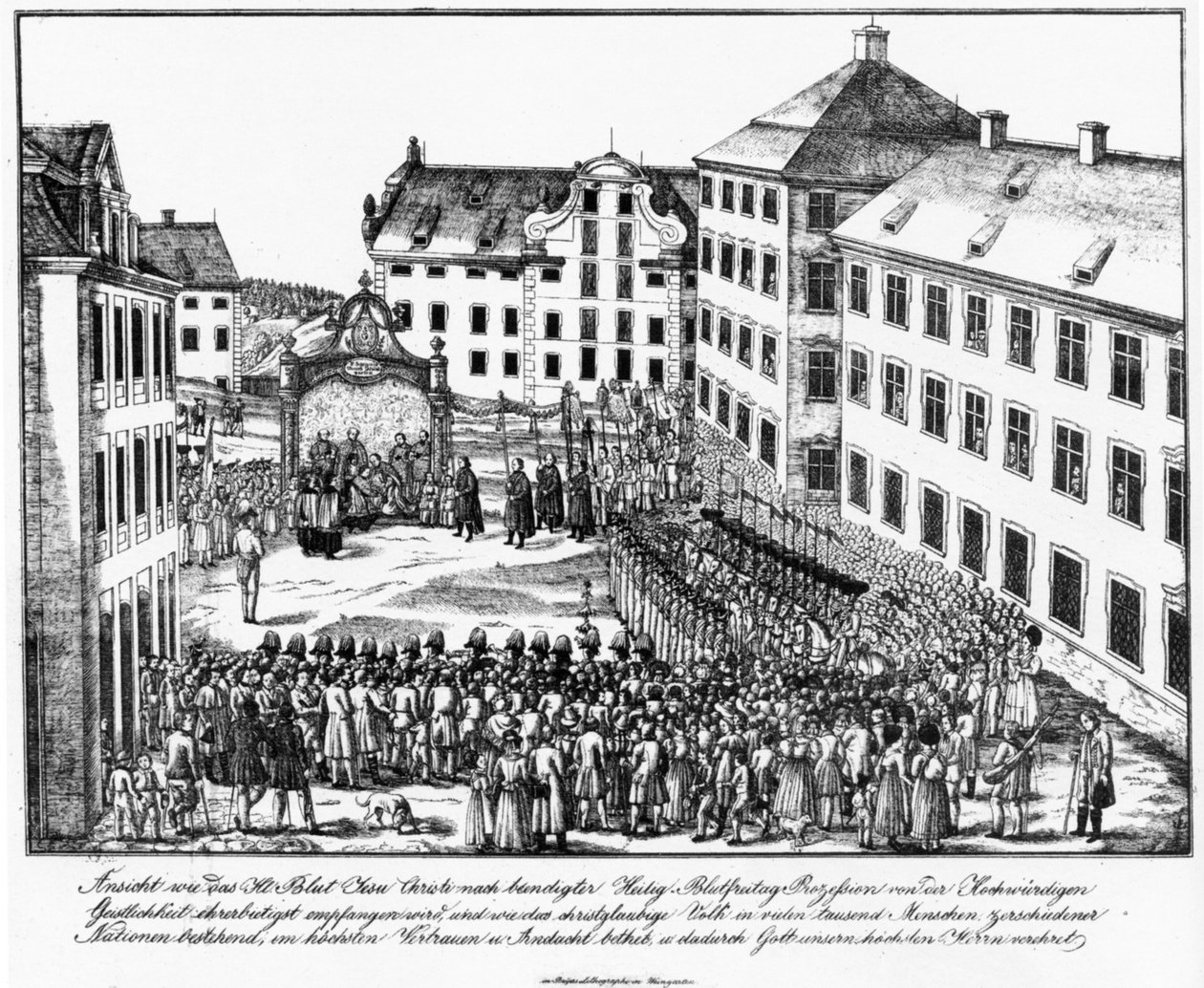 Weingarten ، Klosterhof ، استقبال رجال الدين المقدس من قبل رجال الدين بعد موكب الدم المقدس ، أوائل أربعينيات القرن التاسع عشر بواسطة جوزيف باير