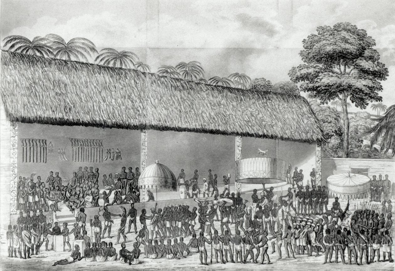 مهرجان عدي الديني في بلاط ملك أشانتي في مارس 1820 ، من "جورنال أوف ريزيدنس في أشانتي" من قبل دوبوي ، نشر عام 1824 بواسطة جوزيف دوبوي