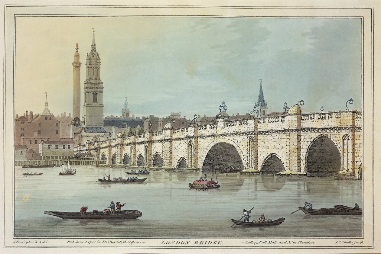منظر لجسر لندن القديم ، محفور بواسطة JC Stadler (fl.1780-1812) ، 1795 (ألوان مائية ملونة) بواسطة جوزيف فارينجتون