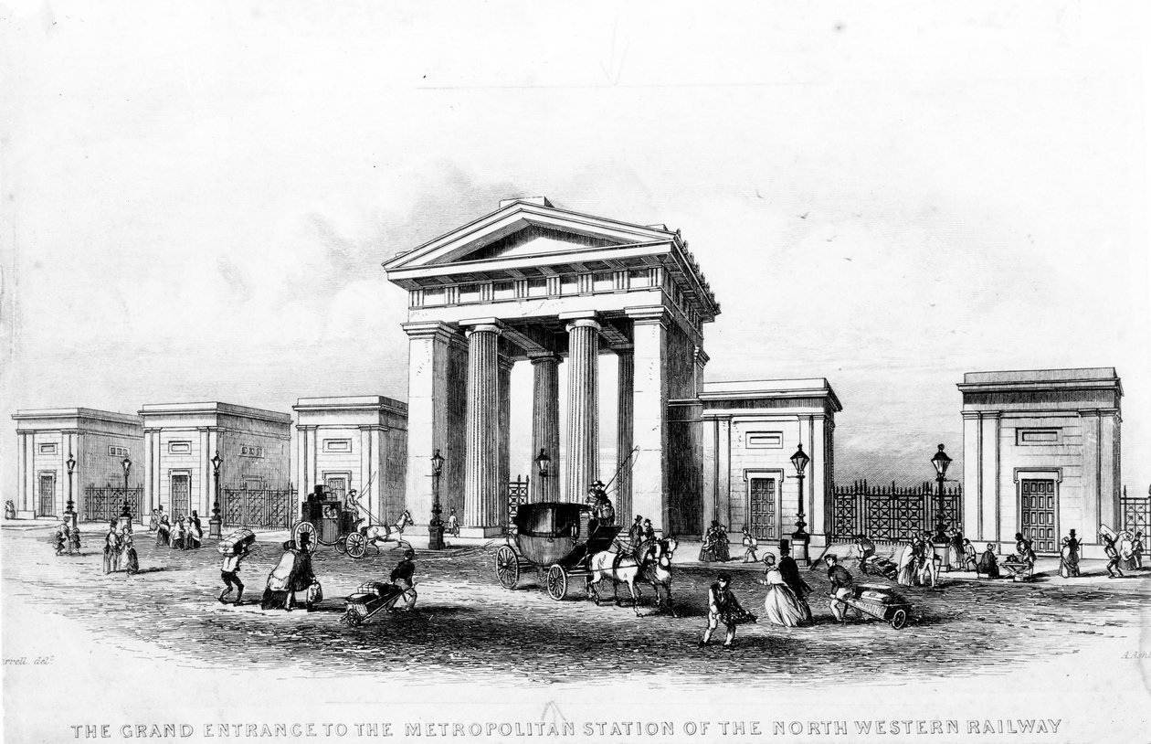 المدخل الكبير لمحطة متروبوليتان للسكك الحديدية الشمالية الغربية ، نقشها ألفريد أشلي ، c.1837 بواسطة جوزيف فرانسيس بوريل