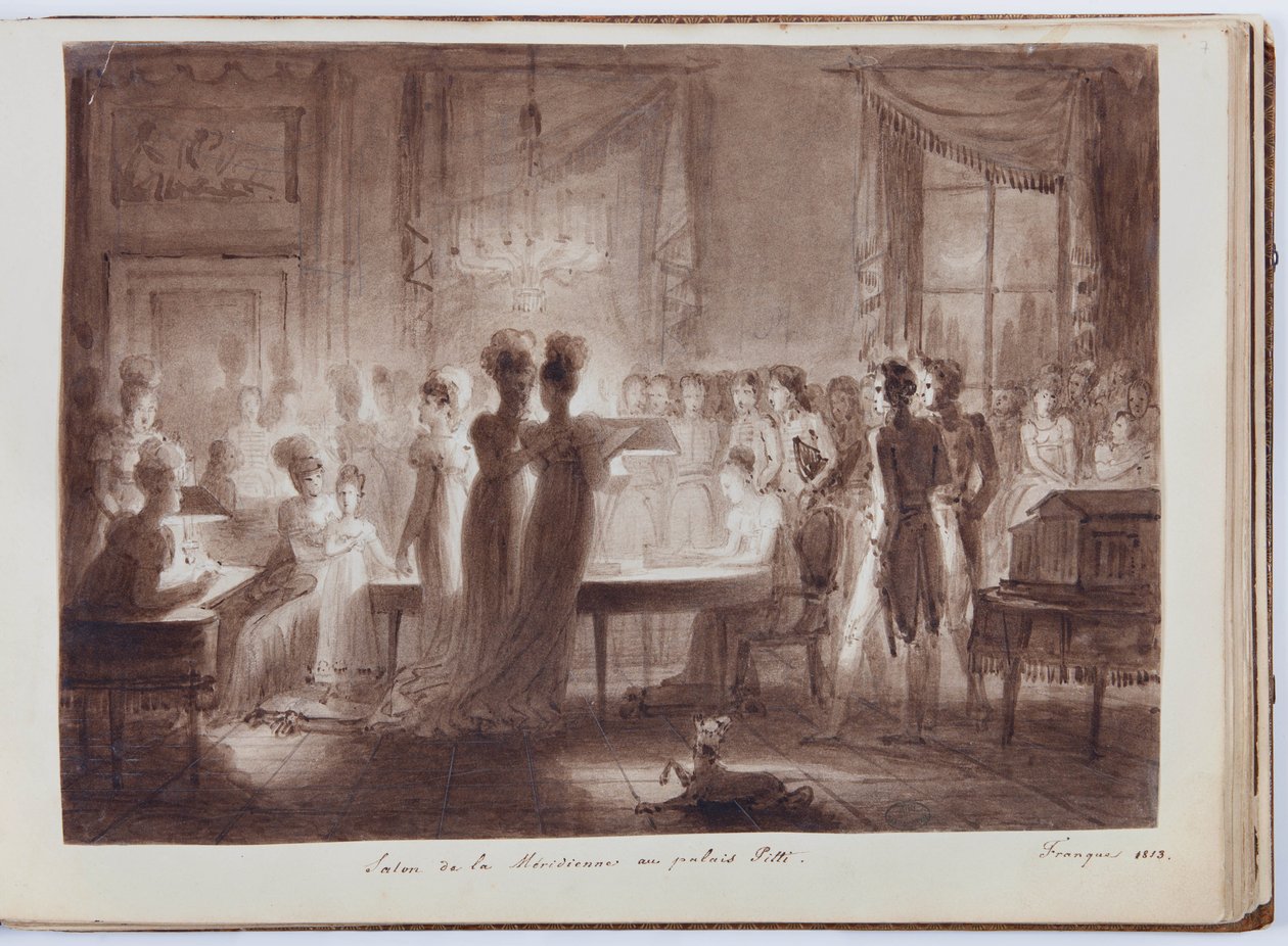 جناح ميريديانا بقصر بيتي في فلورنسا ، رسم توضيحي من الألبوم الكبير لإليسا بونابرت ، 1813 (قلم جاف وغسل حبر على ورق) بواسطة جوزيف فرانكي