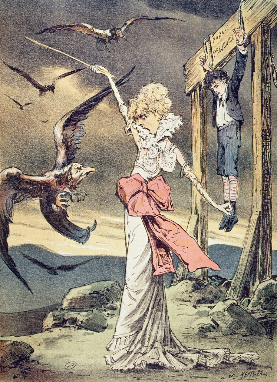 صورة كاريكاتورية لسارة برنهاردت على أنها بطلة العهد القديم رضبة تحمي ابنها من النسور الدينية للكنيسة الكاثوليكية ، توضيح من مجلة "بوك" ، ديسمبر 1880 (كولو بواسطة جوزيف كيبلر