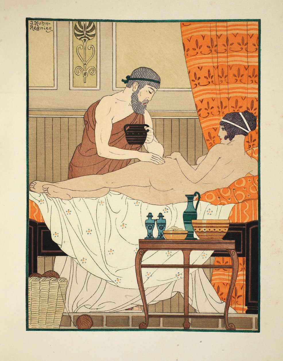 تطبيق العطر المصري الأبيض على الورك ، رسم توضيحي من "أعمال أبقراط" ، 1934 بواسطة جوزيف كون ريجنير
