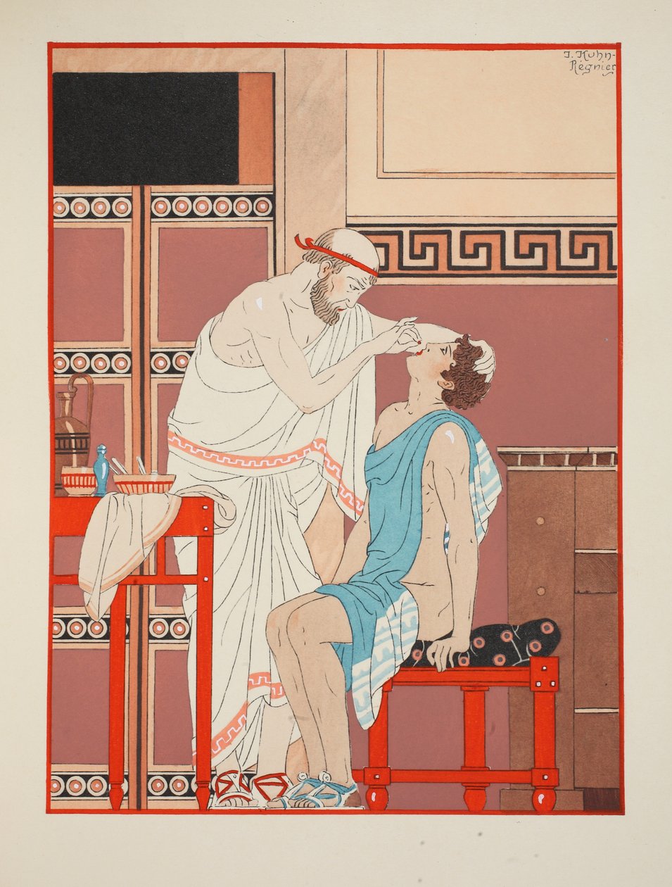 الأدوية المستخدمة في فتحتي الأنف عند الإصابة بالحمى ، رسم توضيحي من "أعمال أبقراط" ، 1934 بواسطة جوزيف كون ريجنير