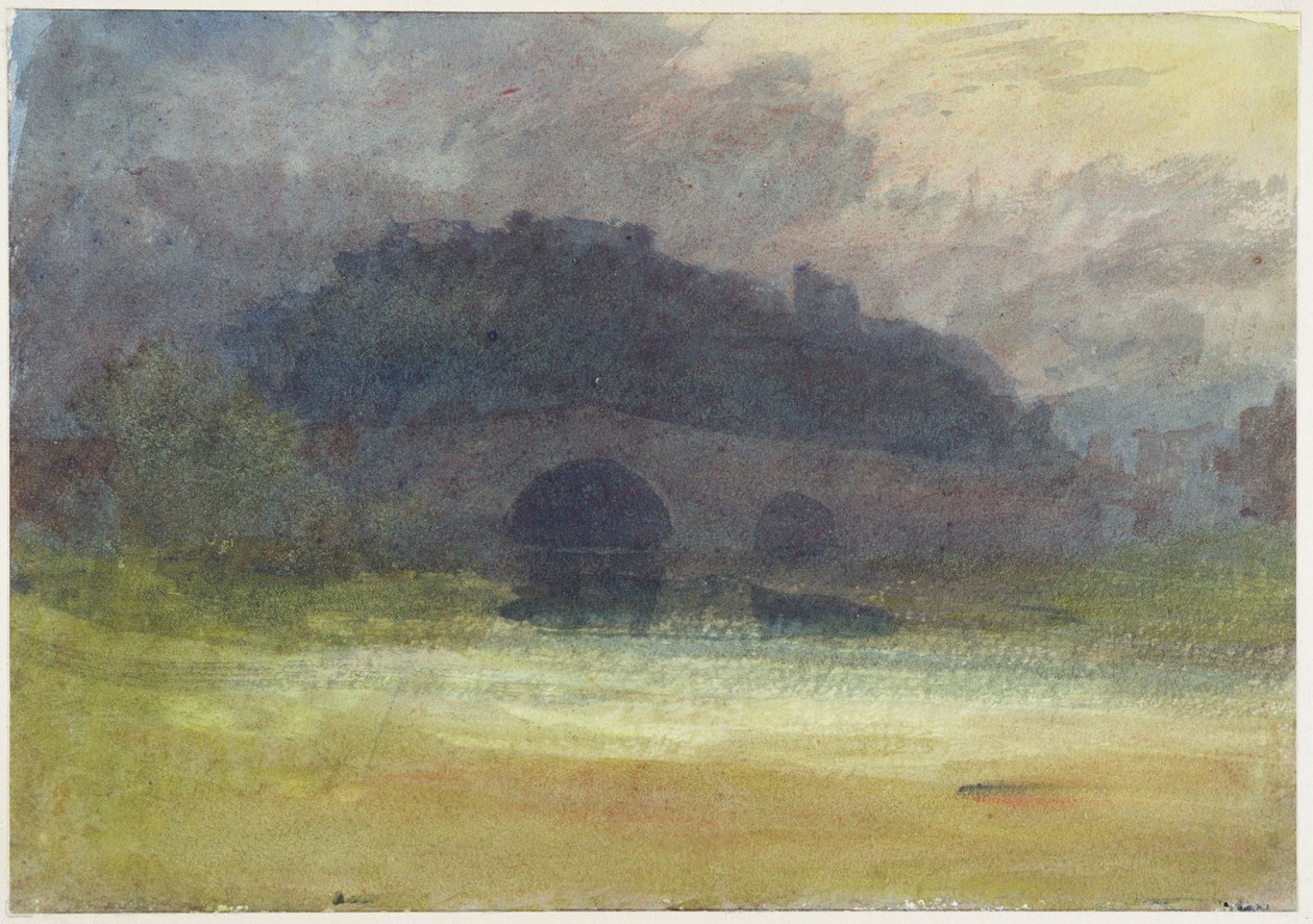 منظر للطبيعة المسائي مع القلعة والجسر في يوركشاير ، c.1798-99 (مرحاض على ورق منسوج) بواسطة جوزيف مالورد وليام تورنر