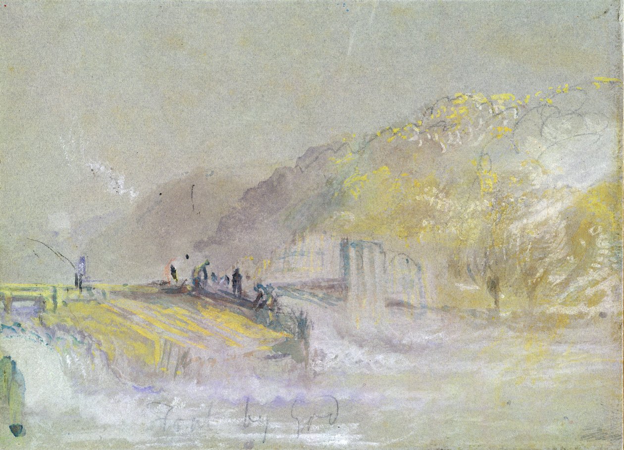 خطأ من الله: منظر النهر مع صيد الصياد من Weir ، c.1830 (مرحاض وجسم مع قلم رصاص وطباشير على ورق) بواسطة جوزيف مالورد وليام تورنر