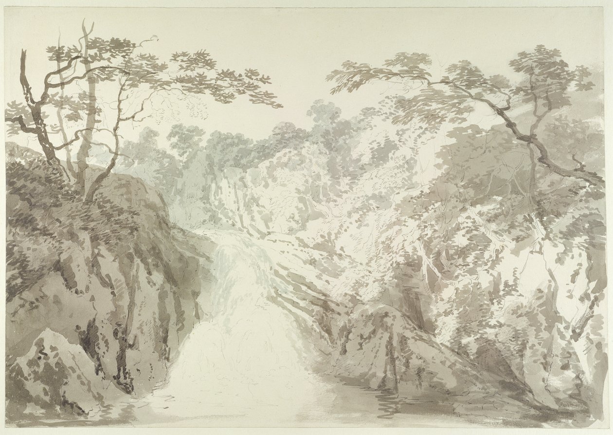 منظر طبيعي مع شلال ، c.1796 (الجرافيت وغسل على الورق) بواسطة جوزيف مالورد وليام تورنر