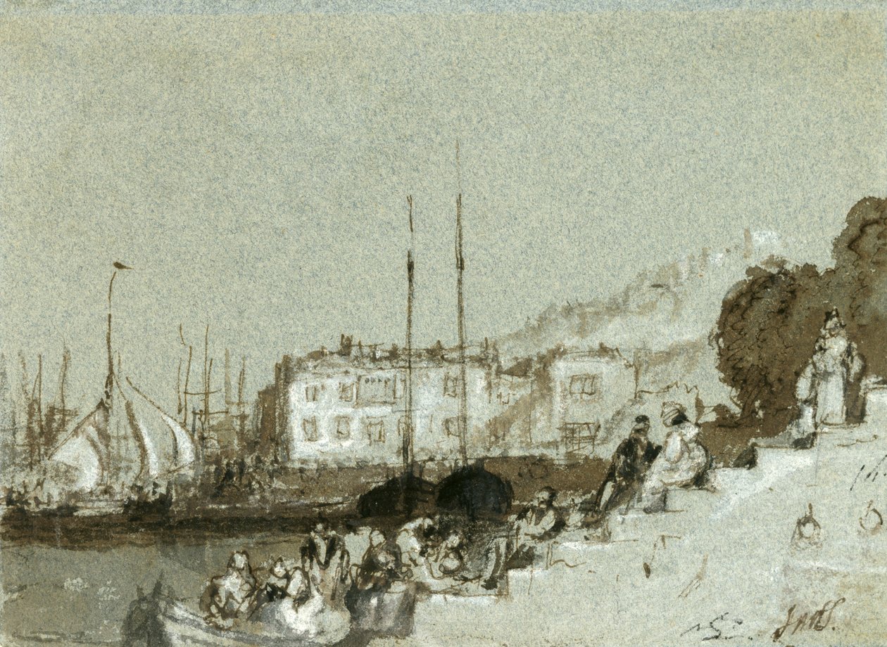 منظر ل Seaport East Cowes ، Isle of Wight ، 1828 (حبر ، غسيل وطباشير أبيض على ورق أزرق) بواسطة جوزيف مالورد وليام تورنر