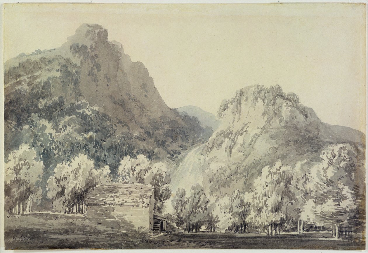 شلال في لودور ، كمبرلاند (يغسل الرمادي والأزرق فوق الجرافيت على الورق) بواسطة جوزيف مالورد وليام تورنر