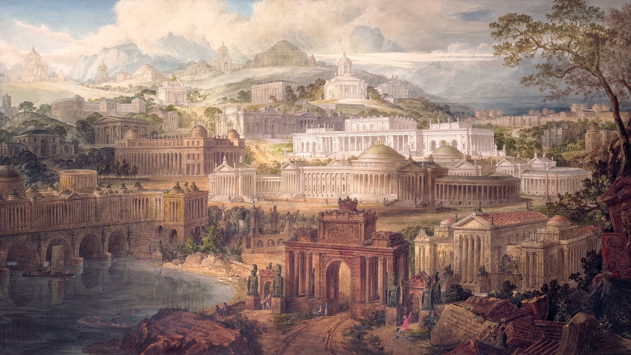 الرؤى المعمارية للخيال المبكر ، في صباح الشباب المثلي ، والأحلام في سهرة الحياة ، 1820 (قلم وحبر ومرحاض على ورق) بواسطة جوزيف مايكل جاندي