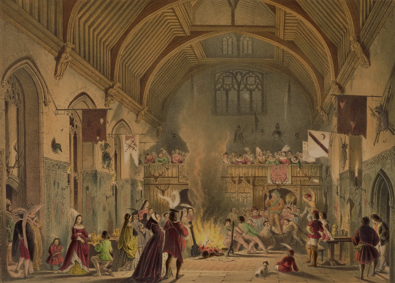 مأدبة في القاعة البارونية ، Penshurst Place ، Kent ، من "الهندسة المعمارية في العصور الوسطى" ، 1838 بواسطة جوزيف ناش
