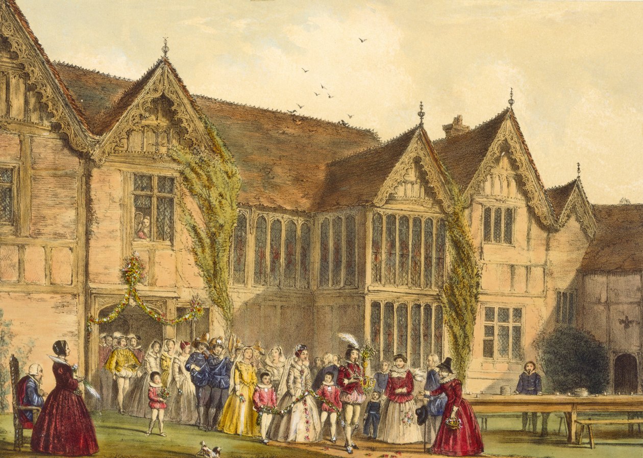 حفل زفاف ريفي ، Ockwells Manor في Berkshire ، c.1600 ، من "هندسة العصور الوسطى" ، 1838 بواسطة جوزيف ناش