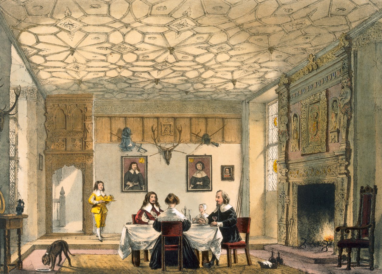 العشاء العائلي في العصور الوسطى ، Wakehurst Place ، Surrey ، c.1600 من "Architecture of the العصور الوسطى" ، تم نشره عام 1838 بواسطة جوزيف ناش