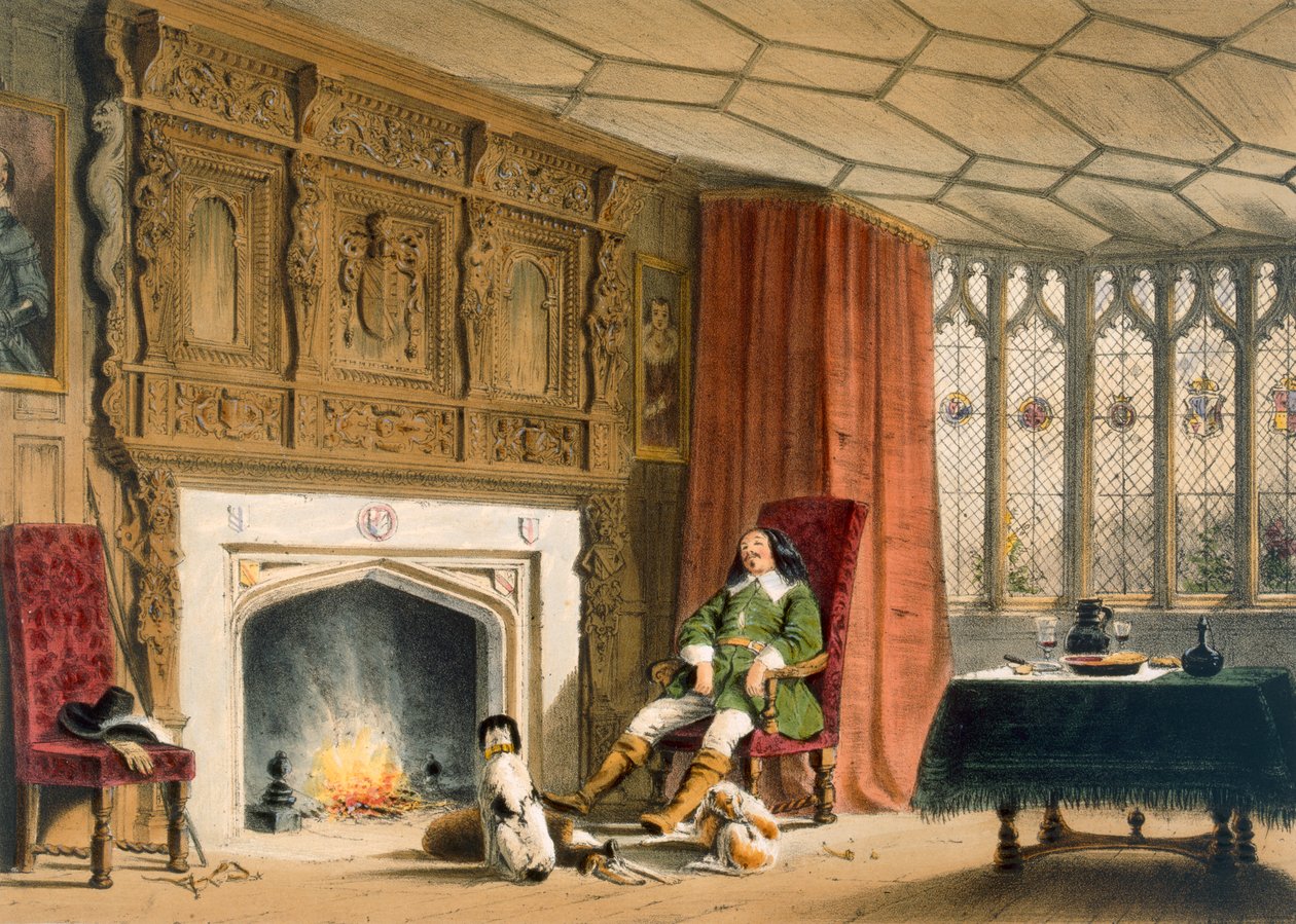 انطلق مع كلابه في الموقد ، Southam Delabere ، Gloucestershire ، من "هندسة العصور الوسطى" ، نُشر عام 1838 بواسطة جوزيف ناش