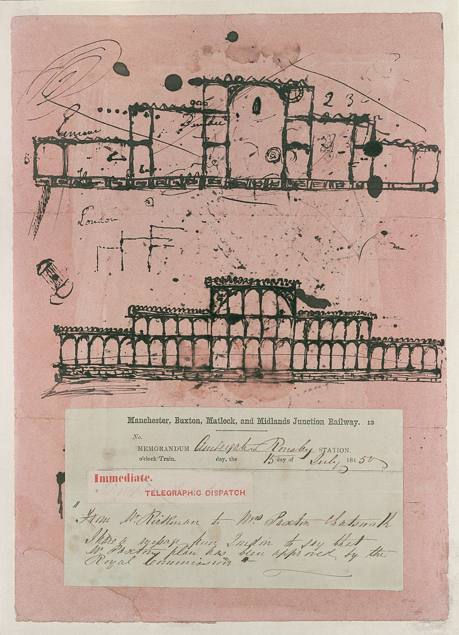 المعرض الكبير 1851: أول رسم تخطيطي للمبنى 1850 (حبر على ورق نشاف) بواسطة جوزيف باكستون