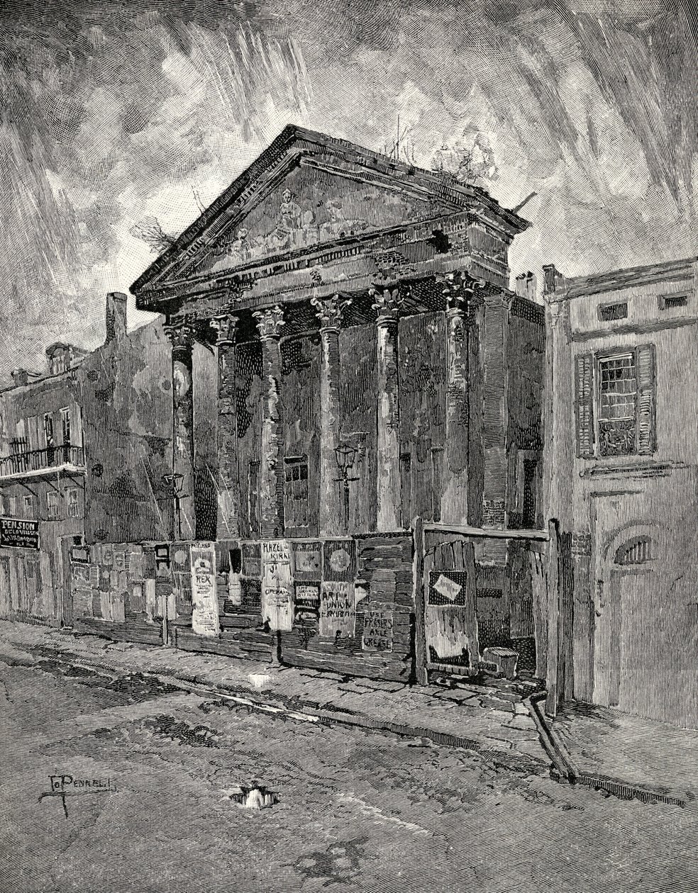 البنك القديم في شارع تولوز ، نيو أورلينز ، من مجلة The Century Illustrated الشهرية ، من مايو إلى أكتوبر 1883 بواسطة جوزيف بينيل