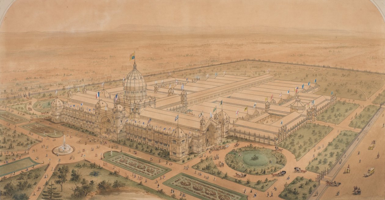 مبنى المعرض ملبورن 1880 ، من الجنوب الشرقي يظهر القاعة الرئيسية بواسطة جوزيف ريد