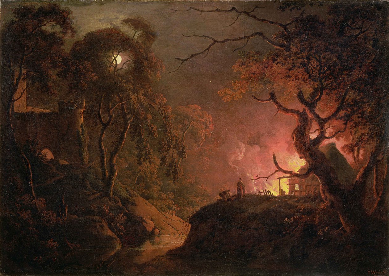 كوخ على النار في الليل ، c.1785-93 بواسطة جوزيف رايت من ديربي