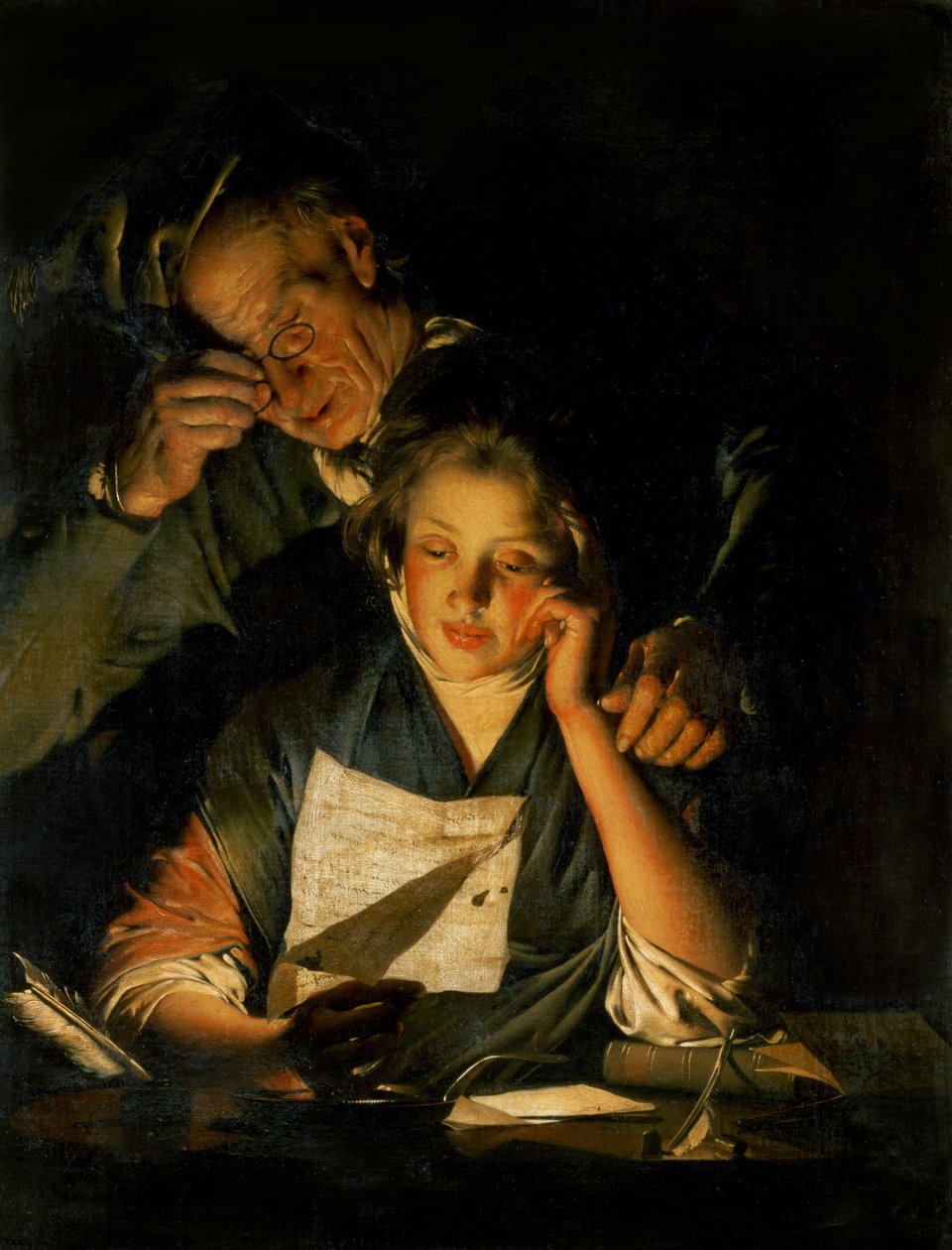 فتاة تقرأ رسالة ، مع رجل عجوز يقرأ فوق كتفها ، c.1767-70 بواسطة جوزيف رايت من ديربي