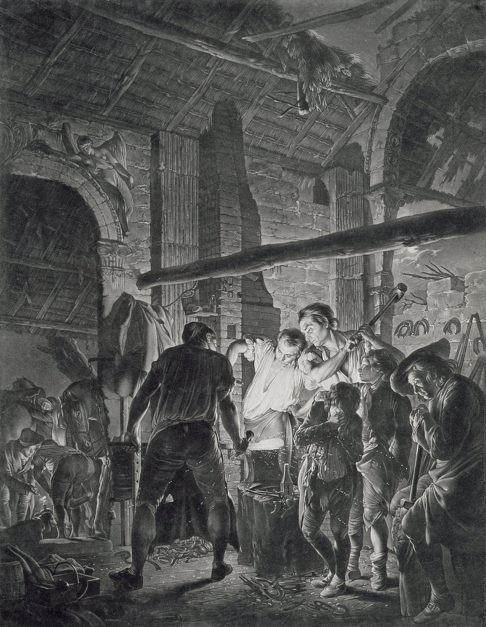 متجر الحداد ، محفور بقلم ريتشارد إيرلوم (1743-1822) ، 1771 (الميزوتنت) بواسطة جوزيف رايت من ديربي