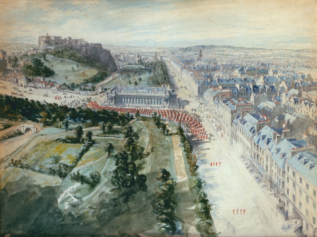 شارع برينسيز ، إدنبرة تطل على الغرب ، 10.15 صباحًا في أغسطس ، 1847 ، تُظهر موكب ، غرب المعهد (مرحاض) بواسطة جوزيف وودفال إبسورث