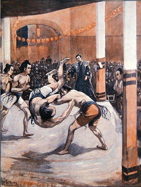 المصارعة اليابانية التقليدية: مصارعو السومو يعرضون فنهم في المعرض الياباني في لندن عام 1910 (لون ليثو) بواسطة جوزيف (بعد) فينمور