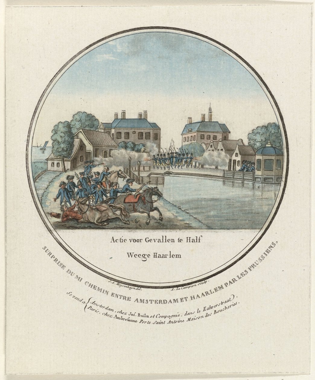 هجوم هاففيج 1787 أكشن لـ Gevalle te Half Weege Haarlem / Surprise du mi chemin entre Amsterdam et Haarlem par les Prussiens (العنوان على الكائن) اللوحات الفرنسية للهجمات البروسية بالقرب من أمستردام عام 1787 (عنوان السلسلة) بواسطة جوزيف الكسندر لو كامبيون
