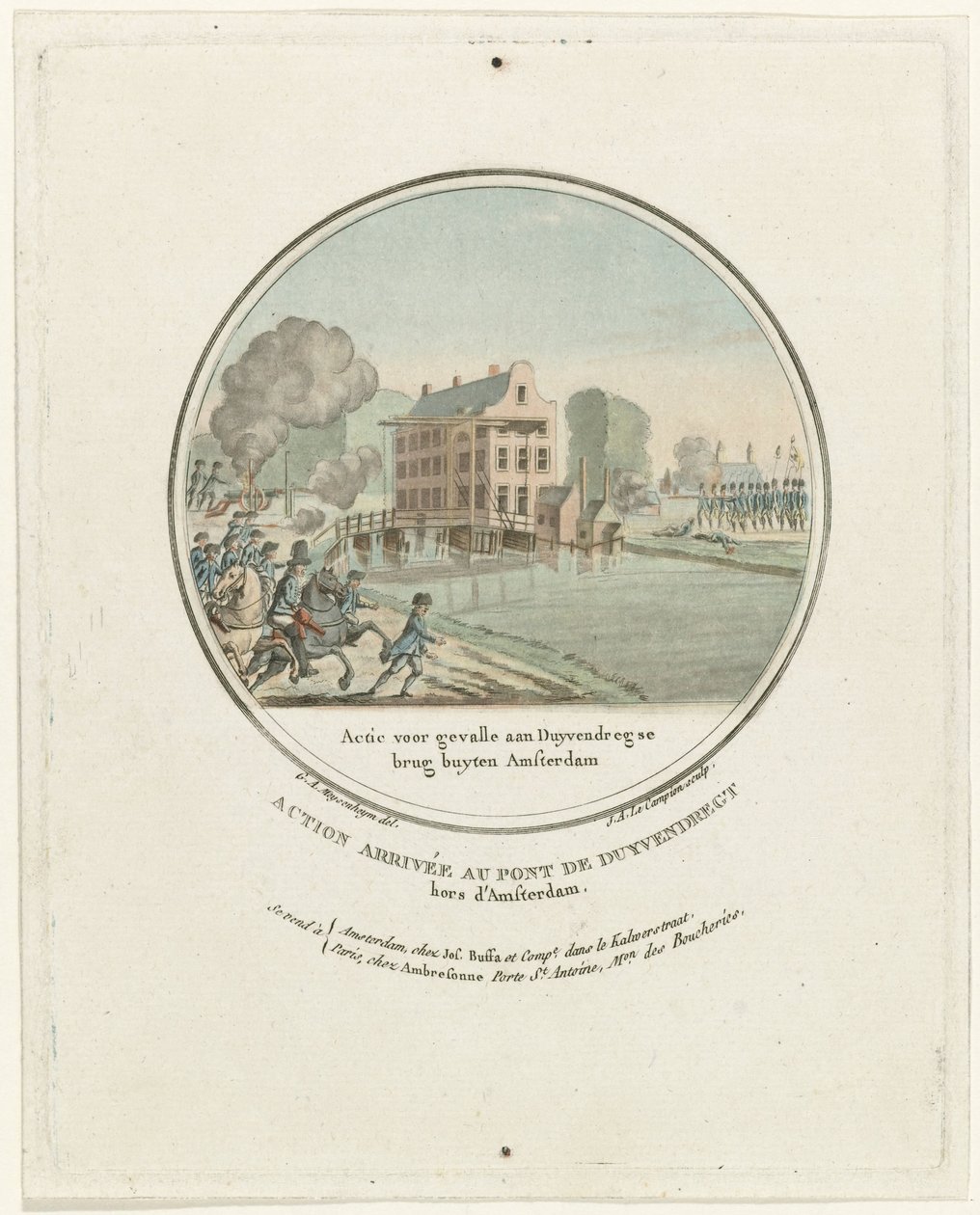 هجوم على جسر Duivendrechtse ، 1787 Action for Gevalle at Duyvendregse bridge buyten Amsterdam / Action arrivée au pont de Duyvendregt hors d'Amsterdam (العنوان على الكائن) اللوحات الفرنسية للهجمات البروسية بالقرب من أمستردام في عام 1787 (عنوان السلسلة) بواسطة جوزيف الكسندر لو كامبيون