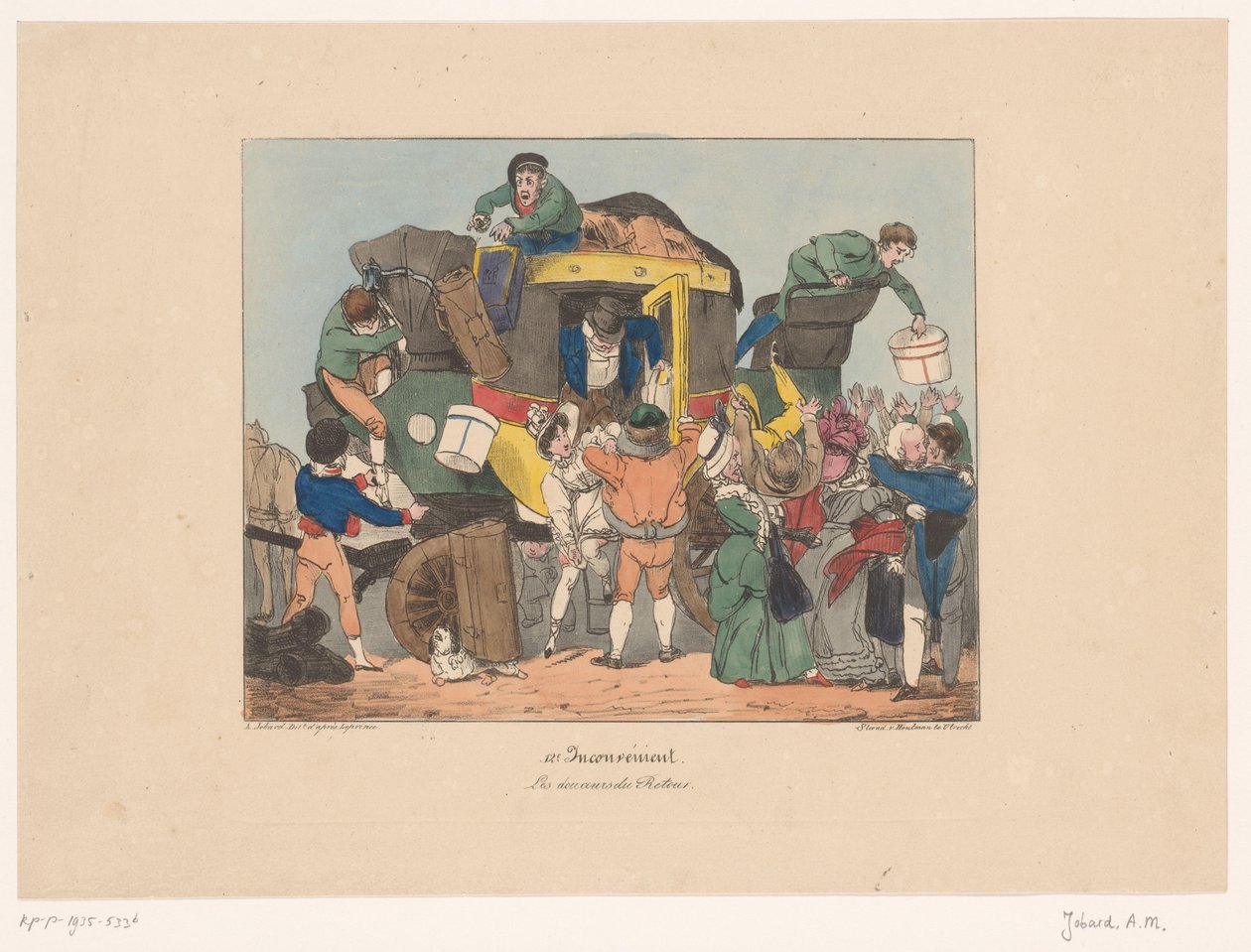 ينزل الركاب من الحافلة الشاملة بعد رحلة العودة عودة Les douceurs du (العنوان على الكائن) المضايقات (عنوان المسلسل) غير ملائم (عنوان السلسلة على الكائن) بواسطة جوزيف امبرواز جوبارد