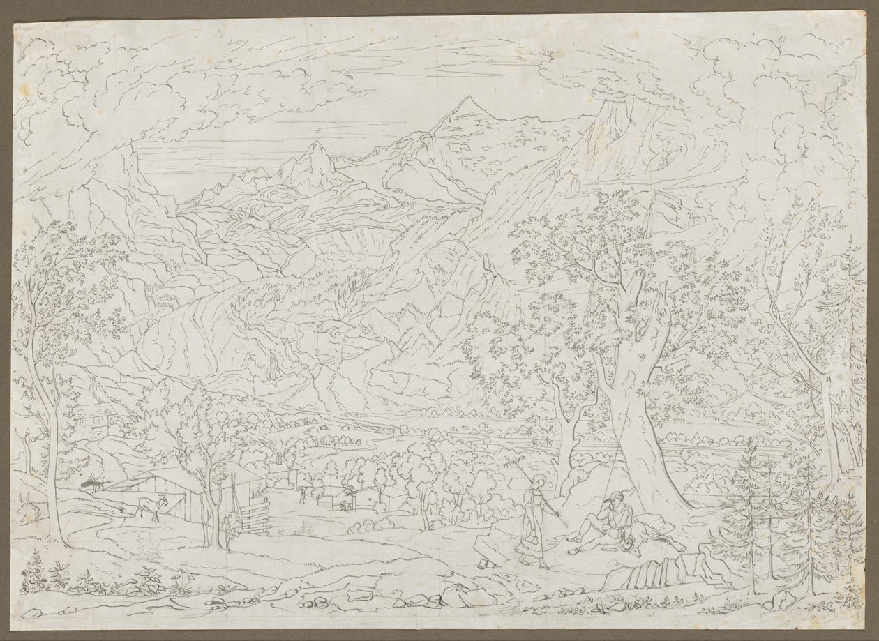 The Grindelwald Glacier with Hunter and Peasant Girl in Foreground، ca. 1823. بواسطة جوزيف انطون كوخ
