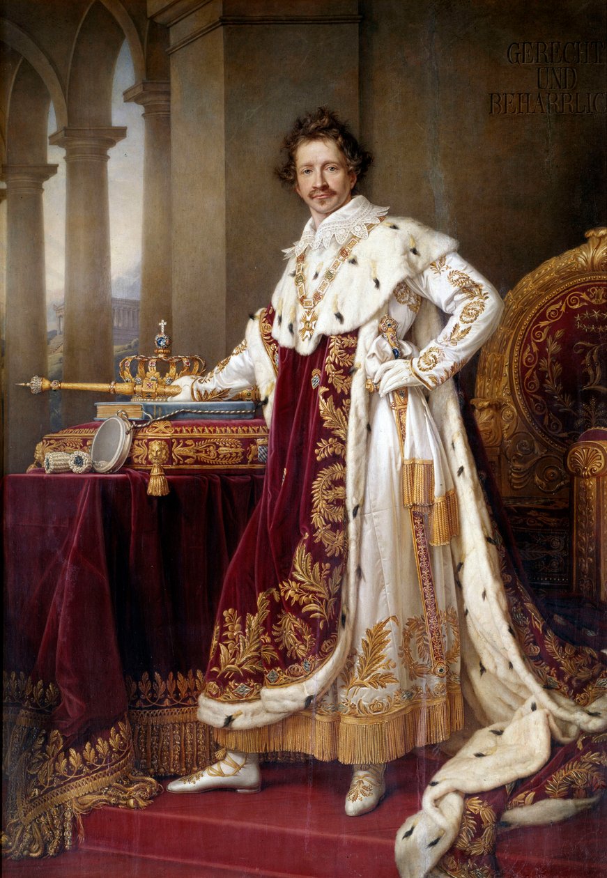Portrait en pied de Louis I de Baviere (1786-1868) en costume de corre رسم لجوزيف كارل ستيلر (1781-1858) (ec.all.) 1826 Sun. 1،44x2،71 م ميونيخ. Neue Pinakothek - صورة لودفيج الأول من بافاريا (1786-1868) في فساتين التتويج. الرسم بواسطة جوزيه بواسطة جوزيف كارل ستيلر