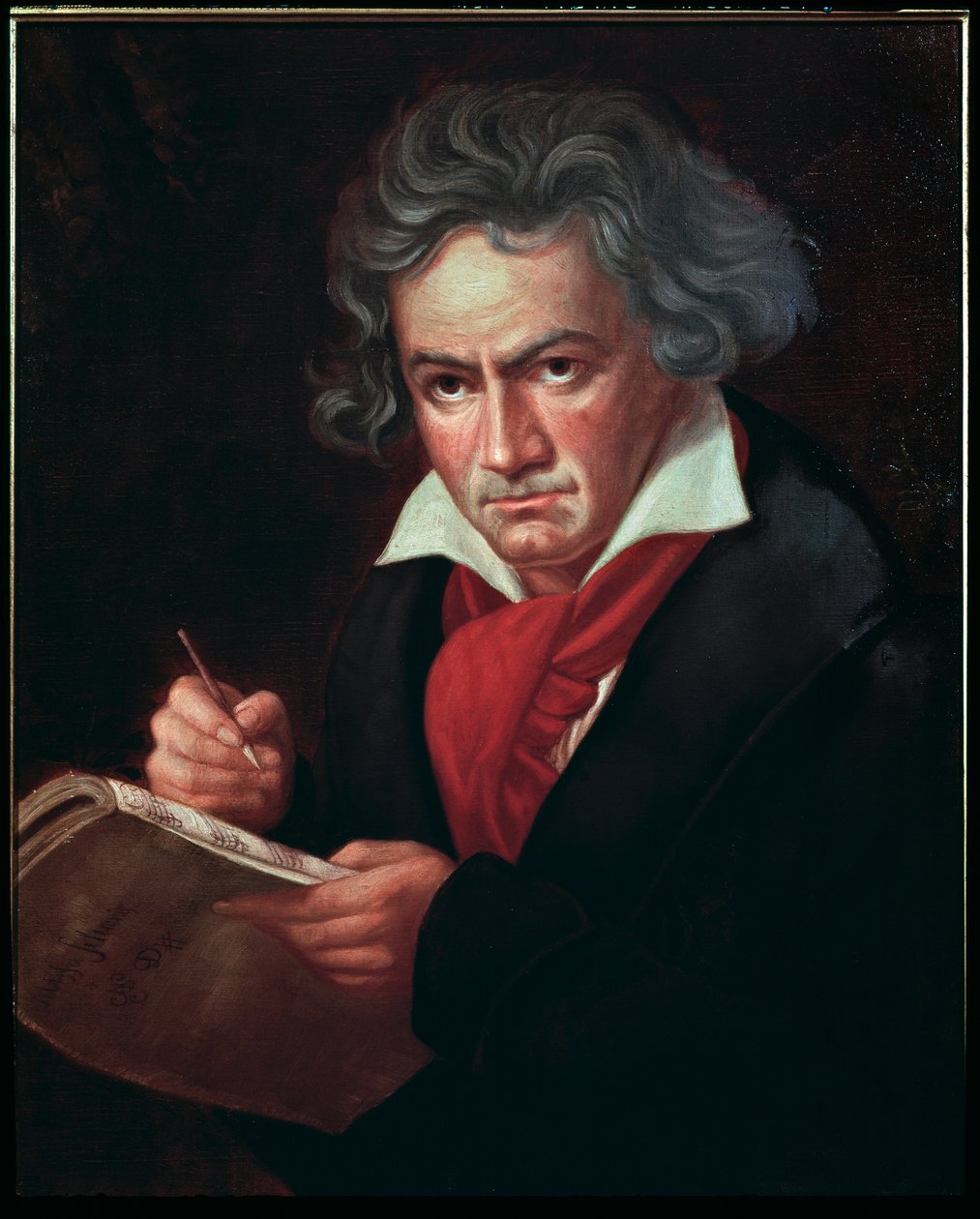 صورة لودفيج فان بيتهوفن (1770-1827) ، موسيقي ألماني ، يؤلف ميسا رسمي "(لودفيج فان بيتهوفن (1770-1827) ملحن ألماني ، يؤلف قداسًا) لوحة كارل جوزيف ستيلر (1781-1858) 1819-1820 بون ، بيت بيتهوفن بواسطة جوزيف كارل ستيلر