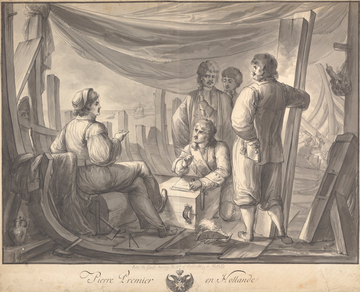 Pierre Premier en Hollande: Scene Inside Ship with Peter the Great ، تدوين الملاحظات ، حول بناء السفن بواسطة جوزيف كارترايت