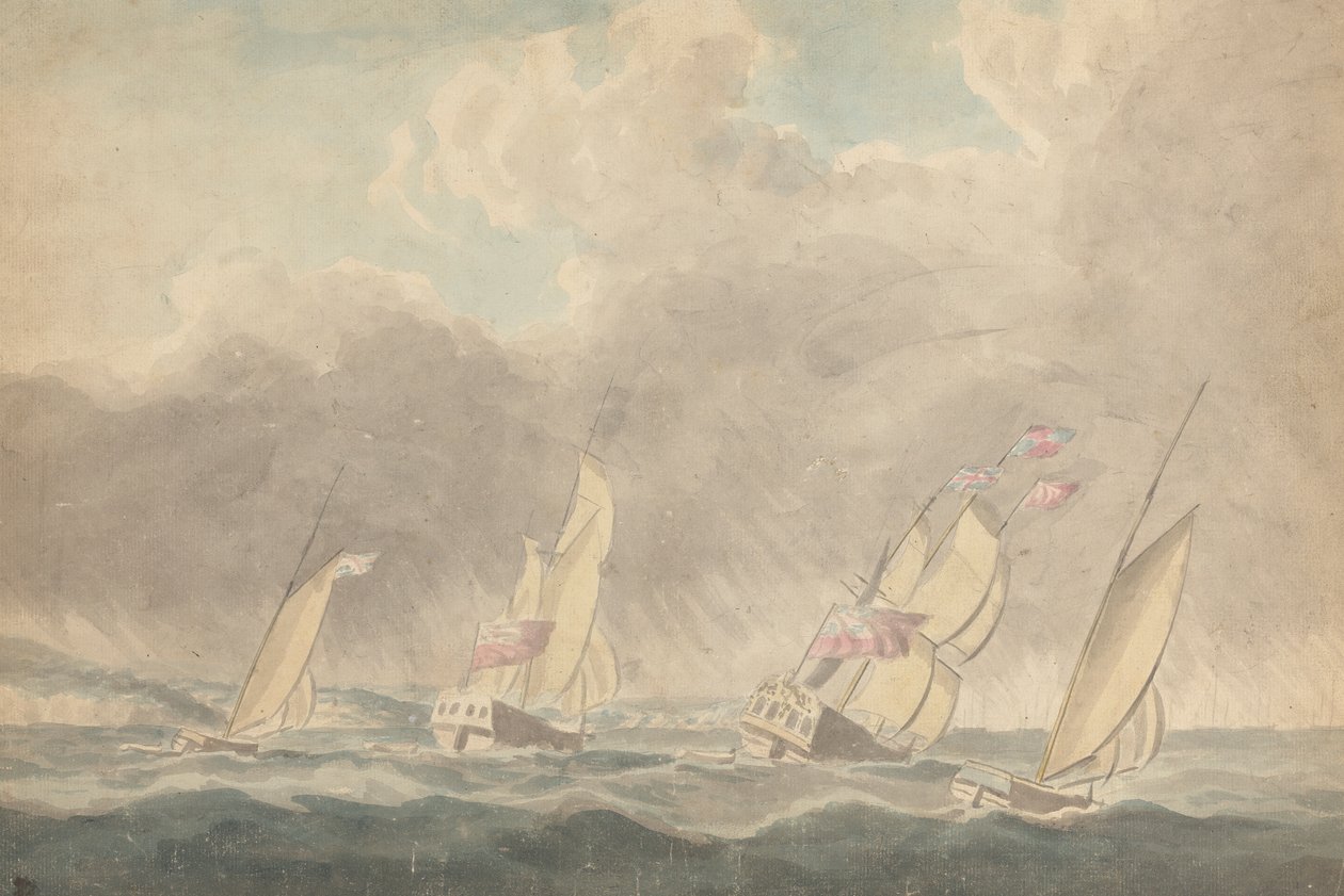 طائرتان من طراز Sloops ، أحدهما Barque والآخر Schooner (؟) ، Sterns Forward ، في البحار الثقيلة ؛ عدة سفن شراعية في الخلفية بواسطة جوزيف كارترايت