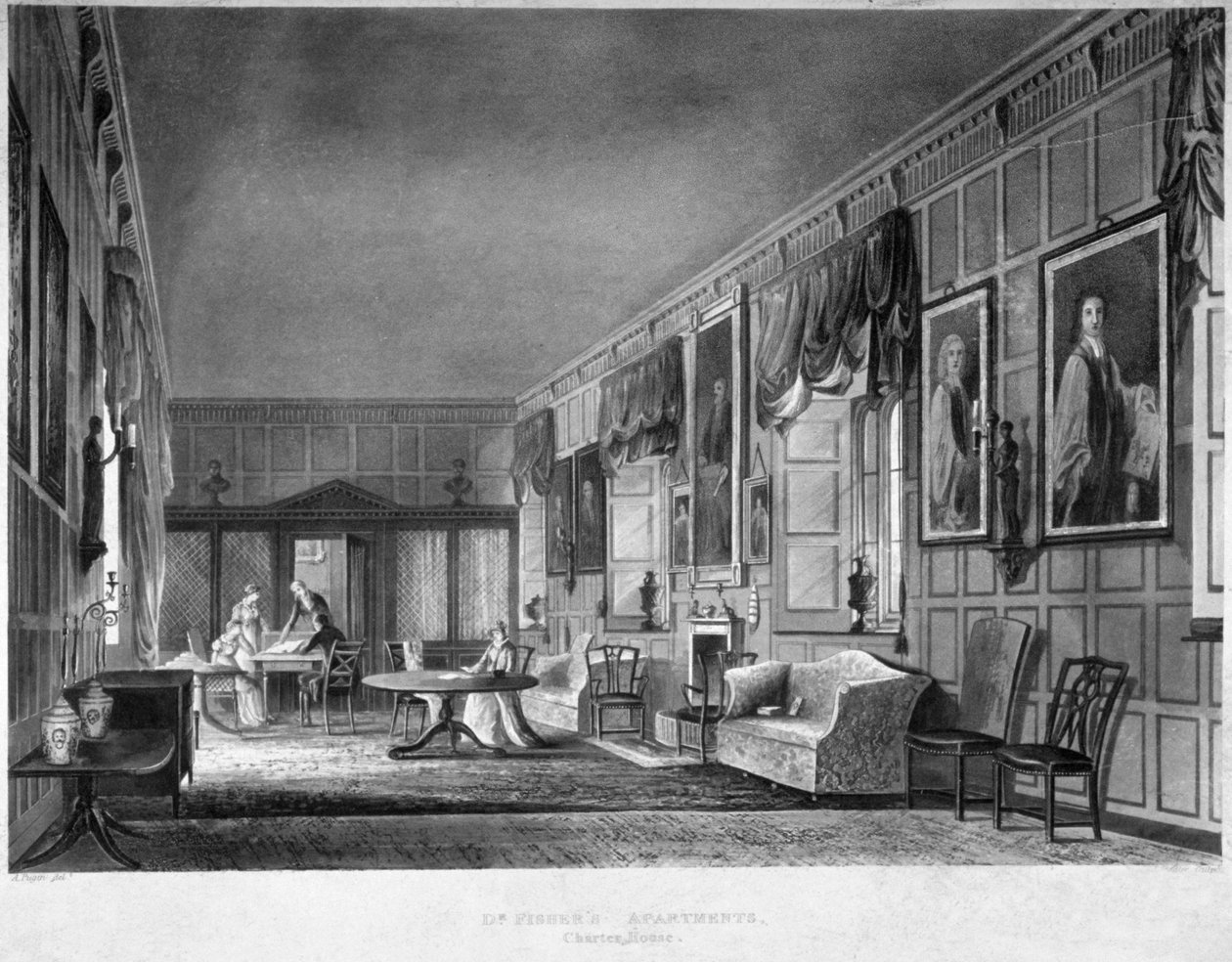 منظر داخلي لشقق دكتور فيشر ، تشارترهاوس ، فينسبري ، لندن ، 1816. بواسطة جوزيف قسطنطين ستادلر