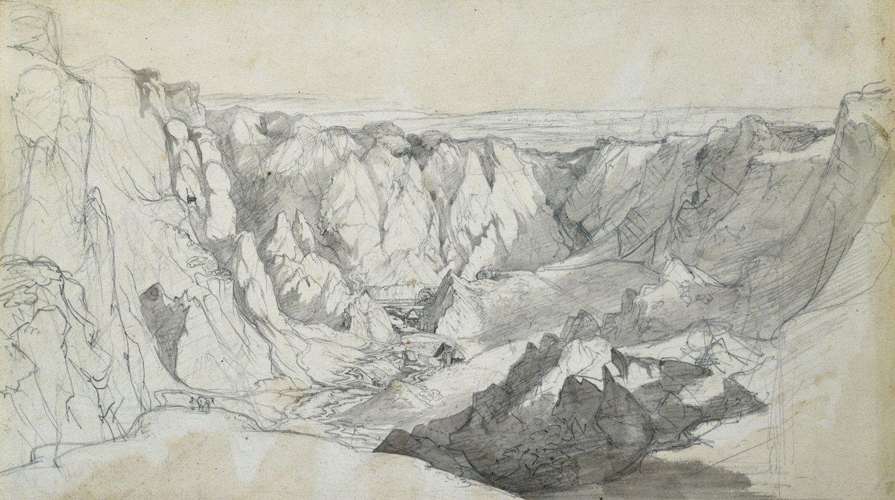 منجم Carclase Tin في كورنوال ، حوالي عام 1810 (قلم رصاص مع غسل على ورق) بواسطة جوزيف فارينجتون